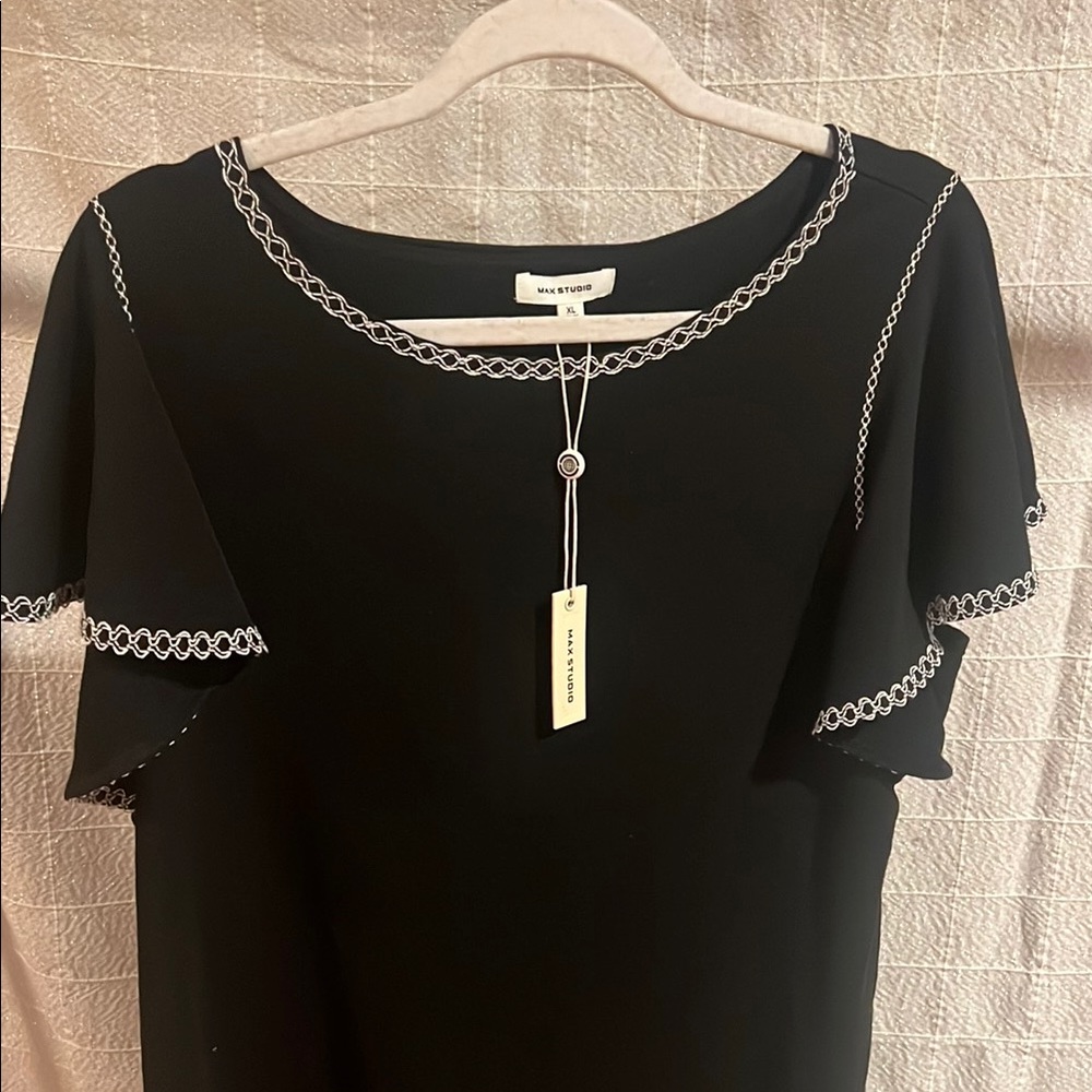 Max Studio Black Sheath Dress Flutter Sleeve Crew Neck - Picture 4 of 6